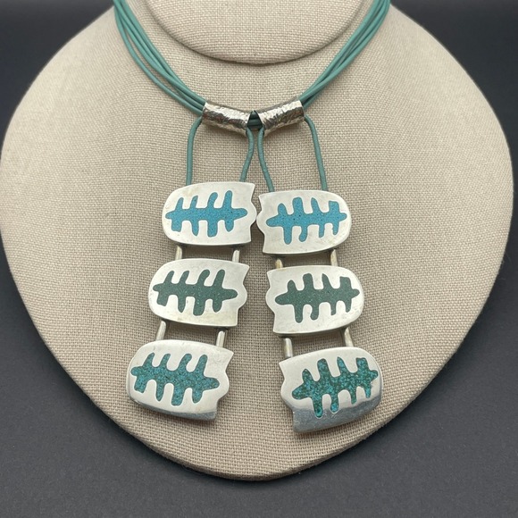 Manos Andinas Jewelry - Manos Andinas Statement Necklace Sterling Turquoise Inlay Chilean Art Jewelry